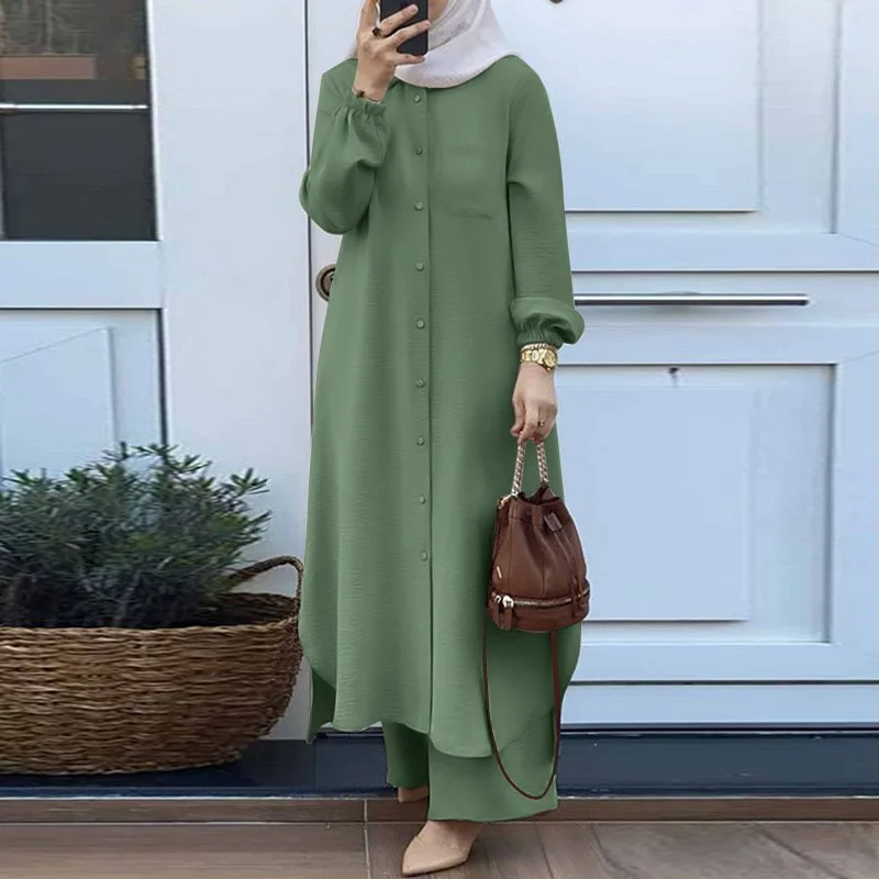 Autumn Muslim Sets Turkey Dubai Abaya Women Long Sleeve Shirt Set Causal Pants Suits Abayas For Women Plus Size Muslim Sets