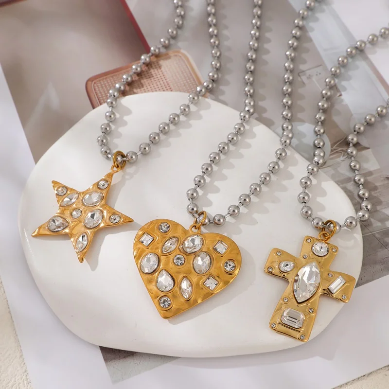 Titanium Steel Mixed-color Necklace Featuring a Cross, Heart, and Star Motif, Accented with a Bead-holding Clasp and Inlaid With