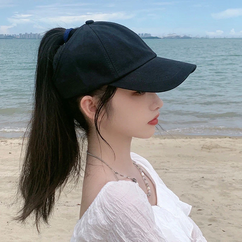 Letter Solid Color High Ponytail Baseball Cap Hollow Top Hat Women\'s Sports Golf Tennis Cap Hair Band High Bun Sunscreen Hat