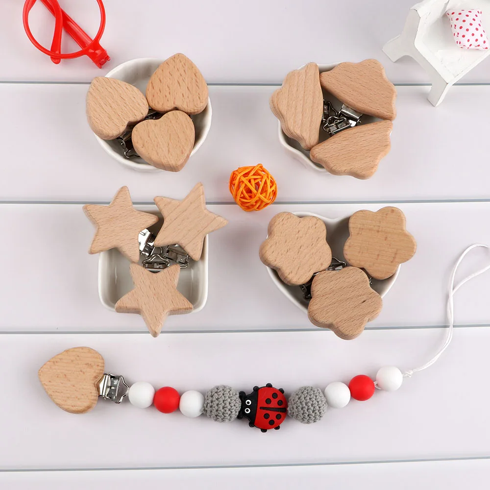 Kovict 3-30Pcs Natural Beech Wooden Beads Flower Heart Star Mouse Shape Pendant Clips For Jewelry Wooden Crafts Accessories