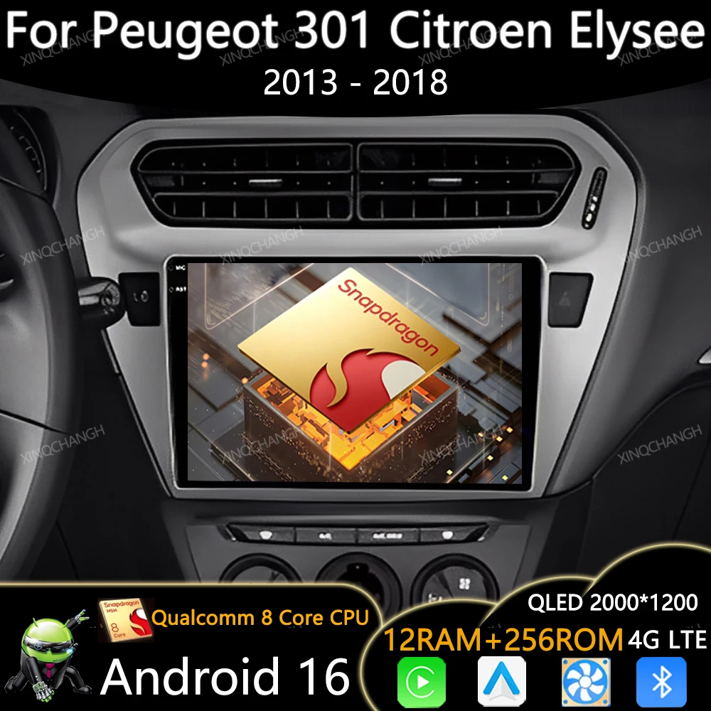 Android 16 Car Radio For Peugeot 301 Citroen Elysee 2013 - 2018 Qualcomm GPS Head Unit 4G WIFI BT Multimedia Stereo Video Player