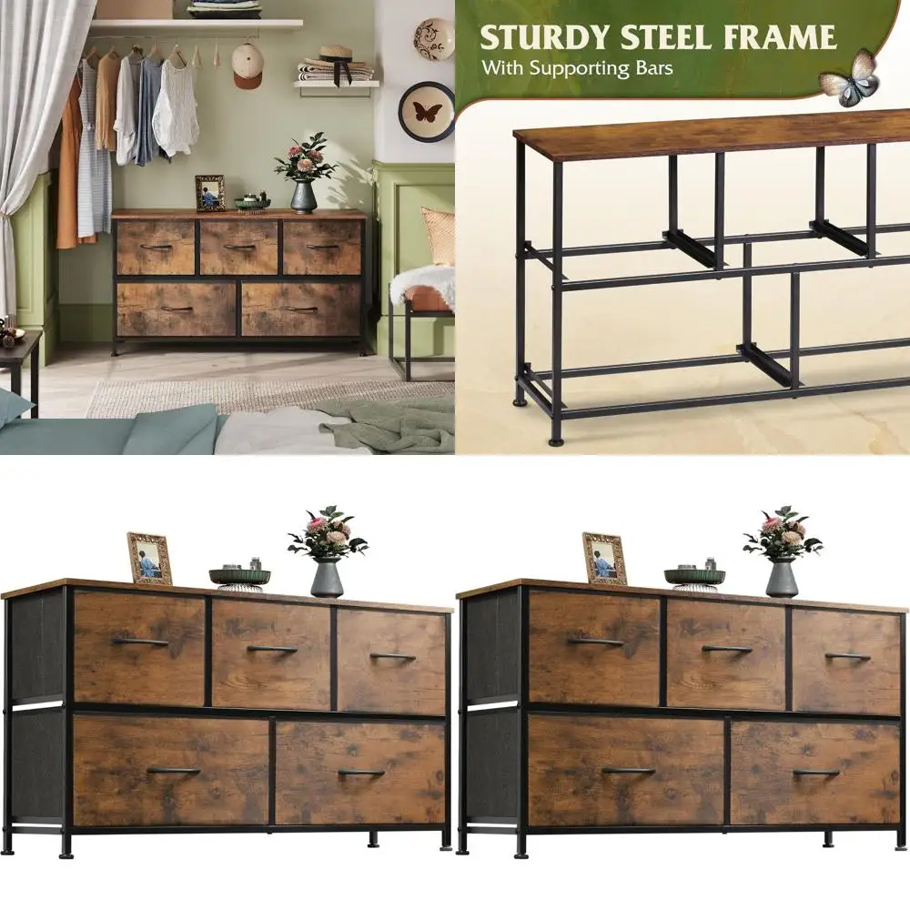 

Dresser for Bedroom with 5 Drawers, Wide Chest of Drawers, Fabric Dresser, Storage Organizer Unit with Fabric Bins for Closet, L