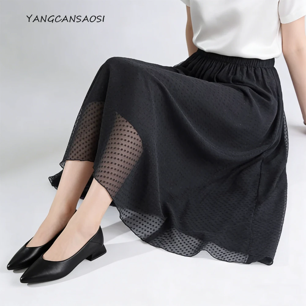 

Юбка из 100% натурального шелка тутового шелкопряда с цветочным узором, женская свободная элегантная черная юбка-клеш, летняя коллекция 2026