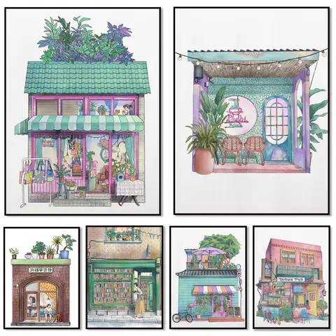 Romantic scenery of Seoul South Korea buildings, street cafes, small shops, train station in Kasuga Asia, watercolor city poster