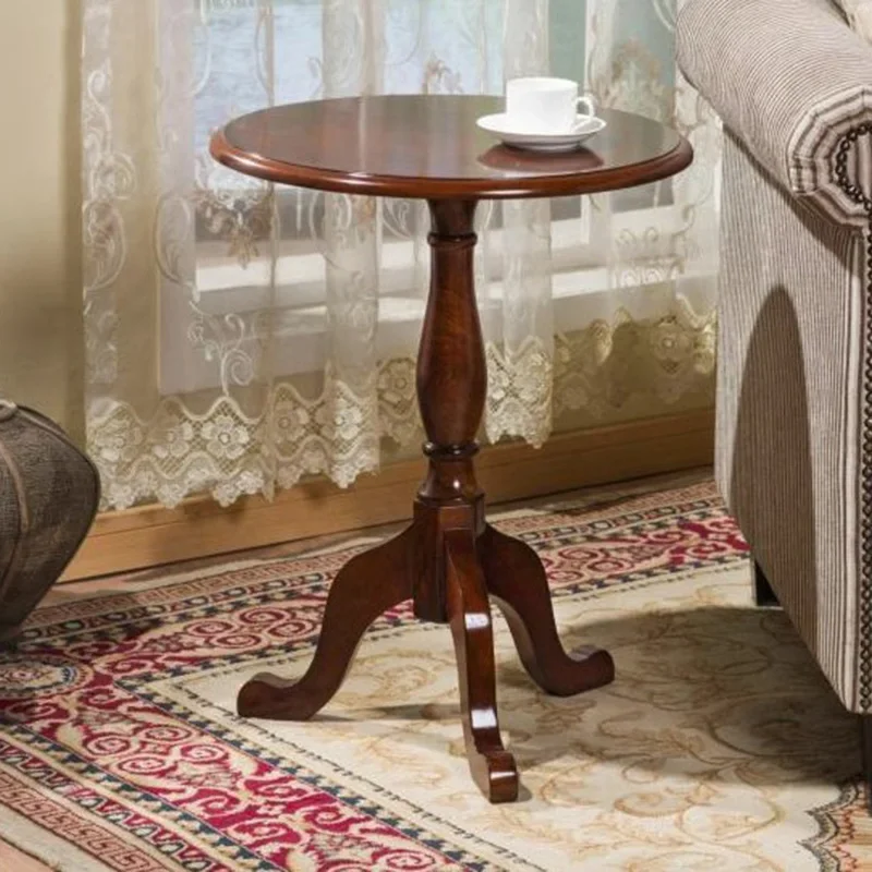 Solid Wood Small Round Table, American Sofa European-style Simple Round Coffee Table, Side Corner Table, Metal Tissue Holder