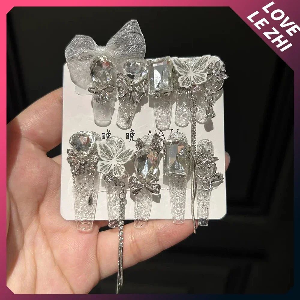 Sparkly 3D Fake Nails Cat Eyes Pure Handmade Carving Rose Pearl Butterfly Luxury Diamond Full Cover Wearable Press On Nails