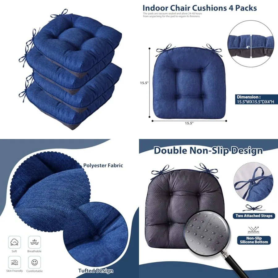 

Chair Cushions for Dining Chairs, Seat Cushions for Kitchen Chairs, Indoor Seat Cushions with Ties, Tufted Foam Chair Pads, Non Slip Chair Cushions Set of 4, 15.5" x 15.5" x 4", Navy Blue