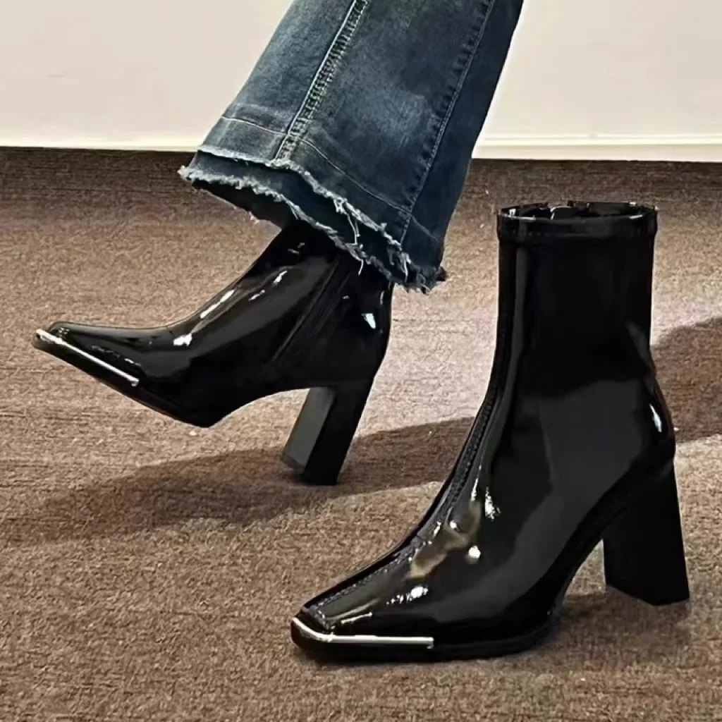 

Leather Botas Mujer Star with The Same High-heeled Ankle Boots Women 2024 Autumn and Winter New Black Elastic High Heels