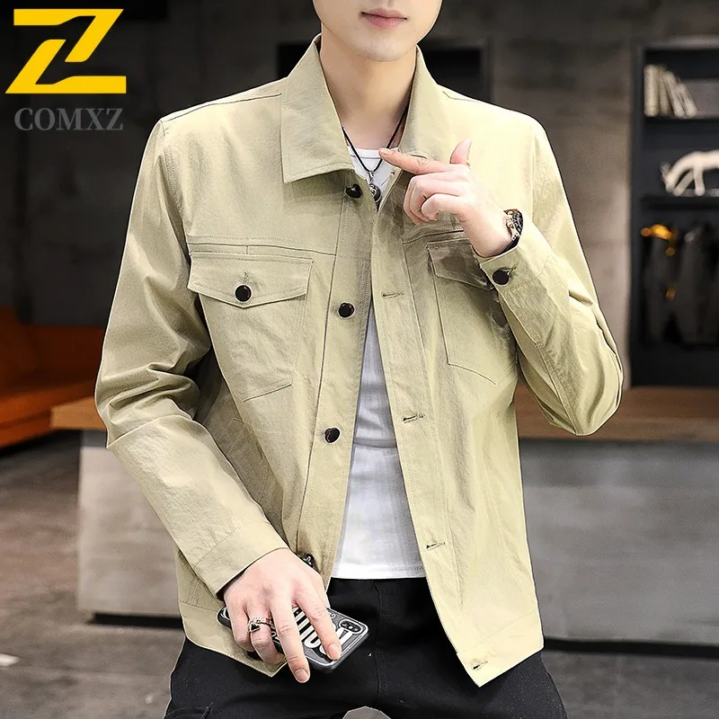 COMXZ Spring Autumn Big Size Coat Men Korean Style Handsome Trendy Fall Turn-Down Collar Jacket Workwear Spring Autumn Menswear