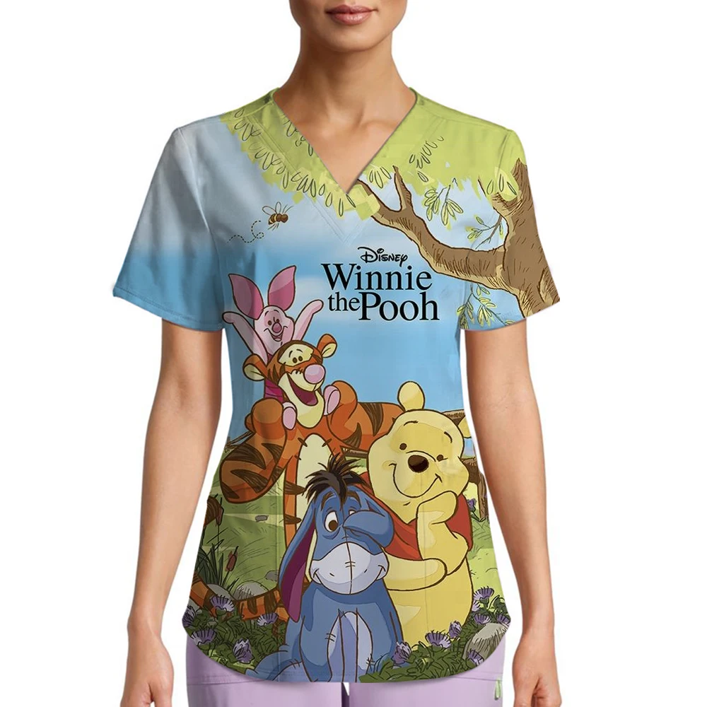 

2025 Women's Shirts Women's Nurse Uniform T-Shirt Woman Clothes Disney Cute Winnie Pooh Tops Anime V Neck New Pocket Hospital