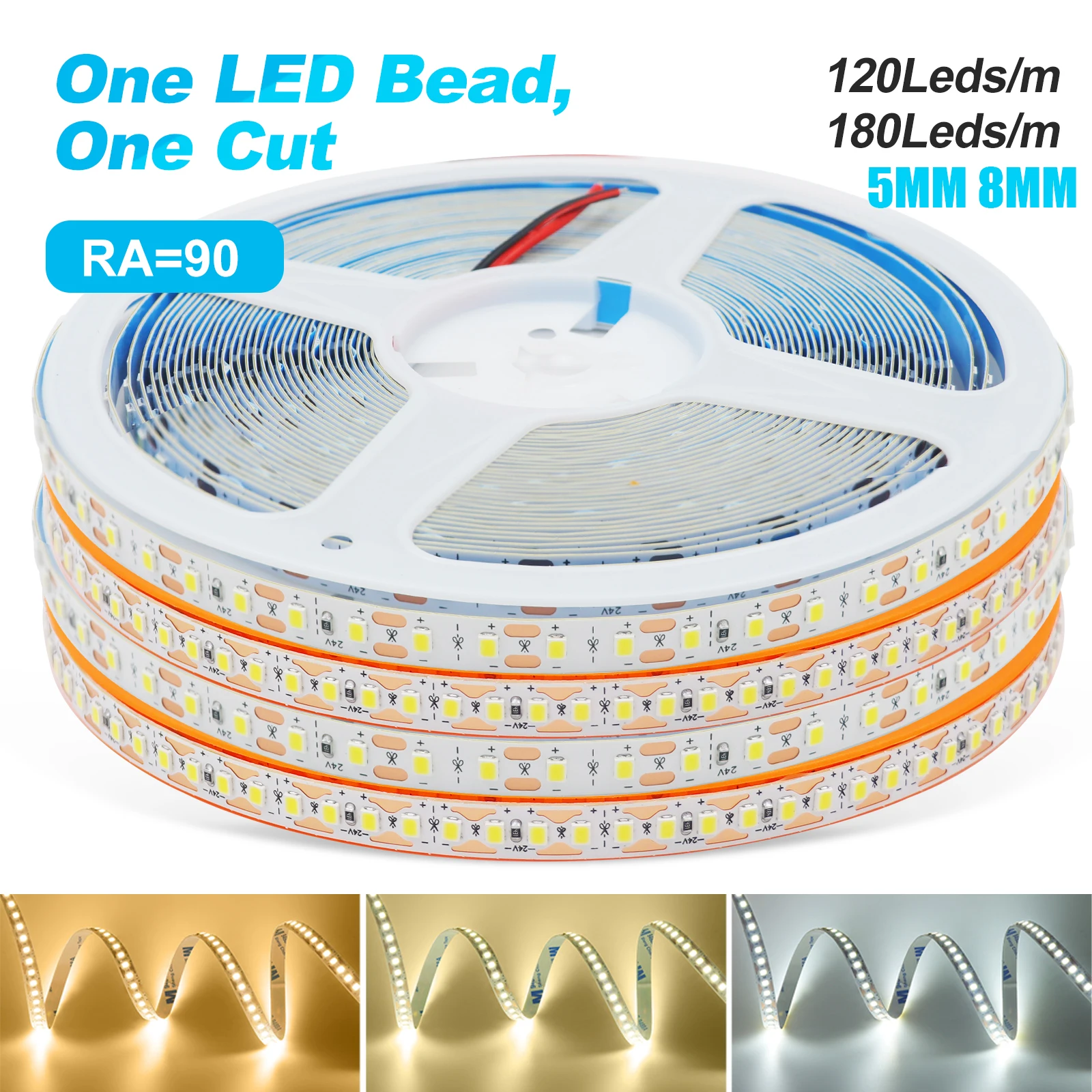 

5M 10M Светодиодная лента 12V 24V Гибкая светодиодная лента 2835 120LEDs 180LEDs Ленточный веревочный светильник с клеем 1LED можно разрезать