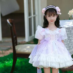 2024 Children Girl Princess Dress Lolita Lace Baby Girls Dresses Birthday Party Costumes Bow Summer Flower Spain Kids Clothing