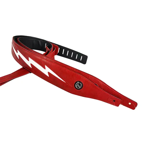 Imagen 2 del producto Correa de guitarra de cuero PU, color rojo, negro y blanco, correa cómoda con relámpago fresco para bajo eléctrico acústico, longitud ajustable