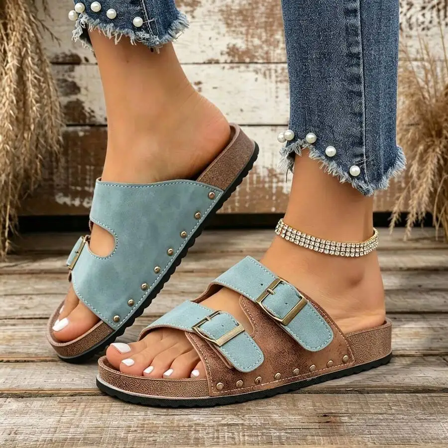 Women's Vintage Metal Buckle Flat Sandals - Soft Faux Leather Open Toe Summer Beach Shoes, Adjustable Back Strap Casual Outdoor