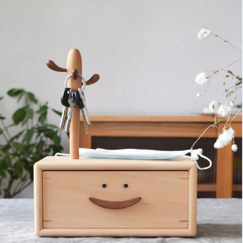 

Smile Mask Box Solid Wood Handmade Hall Key Storage Rack, Mask Storage Box Drawer