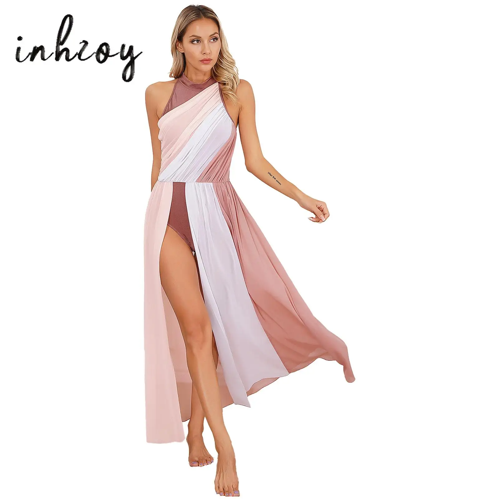 

Womens Modern Lyrical Dance Dress Ballet Performance Costume Chiffon Color Block Mock Neck Keyhole Sleeveless Split Maxi Dresses