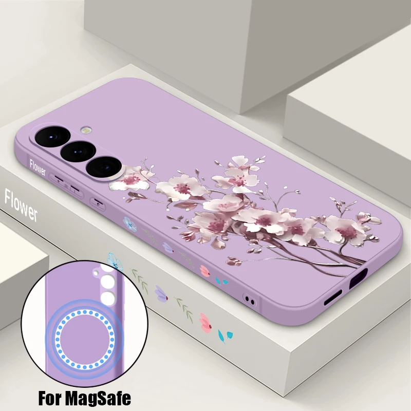 Magnetische Handyhülle avec Pfirsichblüten-Print pour Samsung Galaxy S26 S25 S24 S22 Ultra S23 Plus S25 S24 S21 FE avec Lanyard, weiche TPU-Schutzhülle