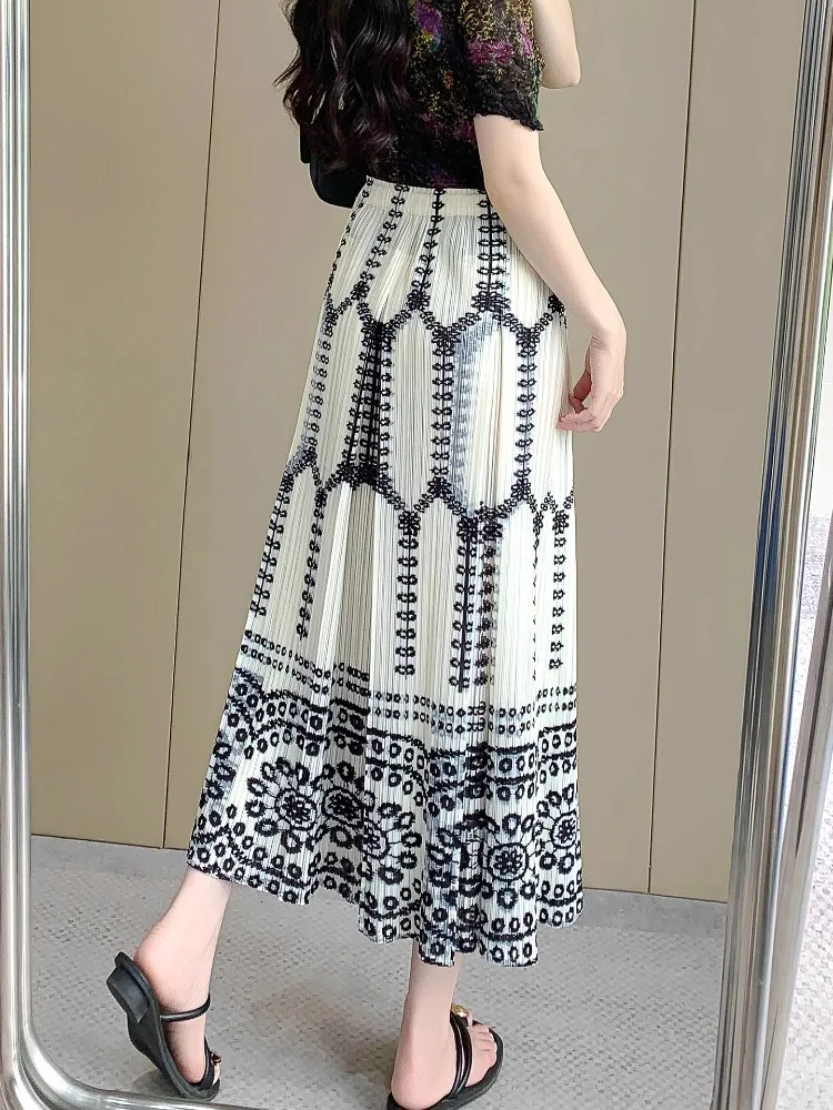 Miyake Falda plisada de estilo étnico Retro para mujer, novedad de verano, falda larga versátil adelgazante con estampado de cintura alta