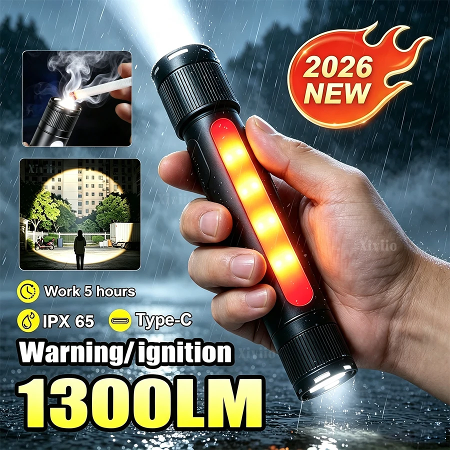 2026 Zoomable Tactical Flashlight 1300LM Long Range Torch With Red Warning Side Light Ignition Tail Light Hunting Emergency Lamp