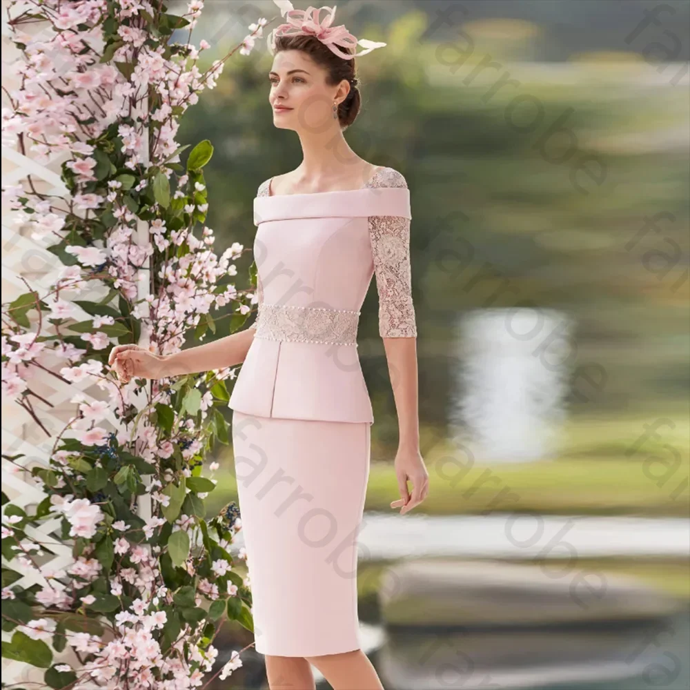 

Customized Pink Lace Mother of Bride Dresses Boat Neck Two Pieces Knee Length Wedding Banquet Mom Short Evening Formal Party Gow