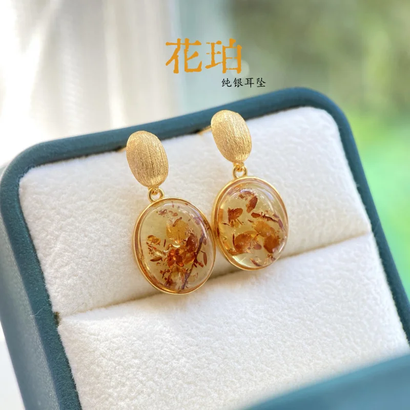 

Natural S925 Sterling Silver Inlaid Large Cabochon Flower Amber Earrings