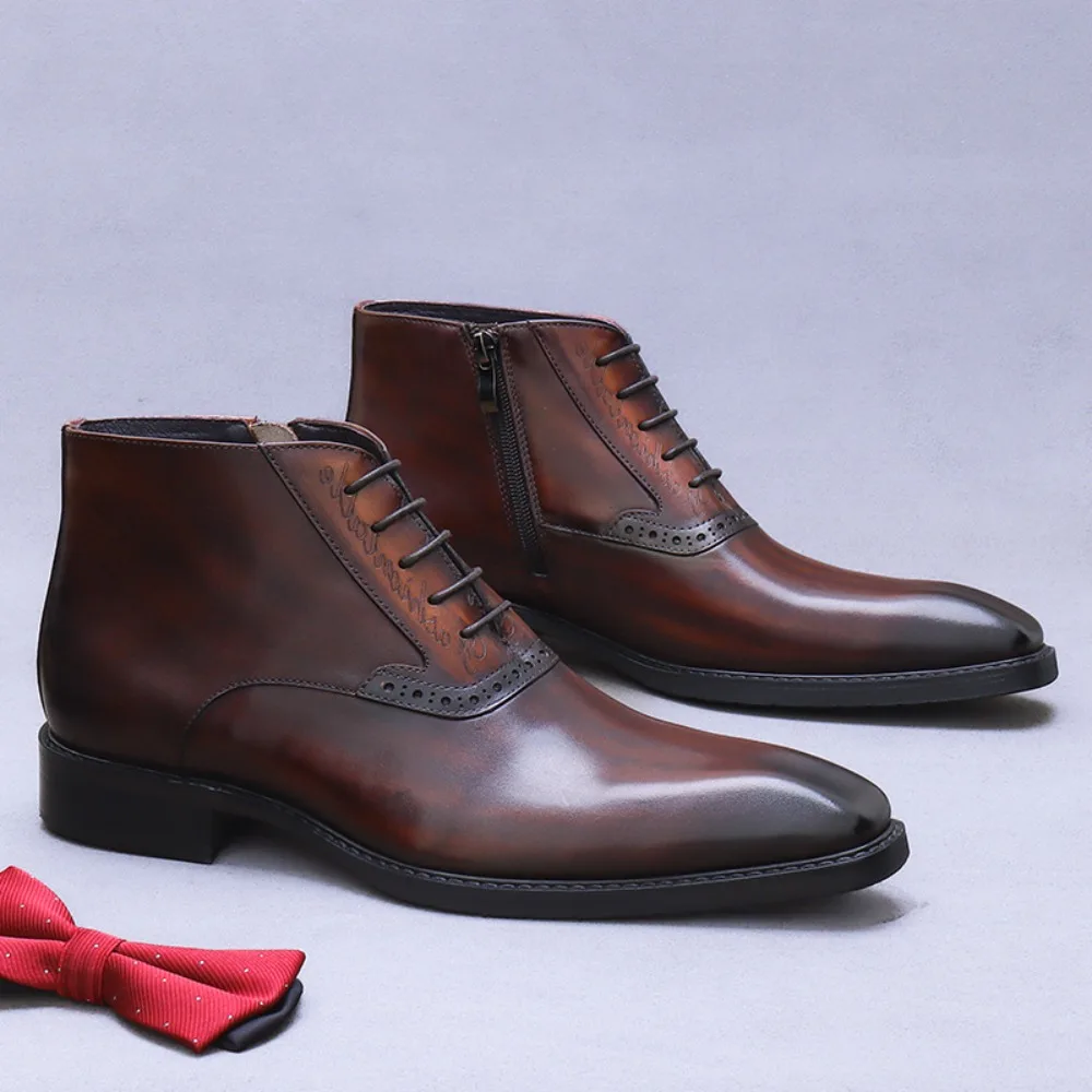 

Genuine Leather British Style Men Boots High Top Retro Zip Up Ankle Boots