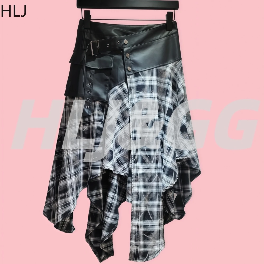 

HLJ Fashion Leather Patchwork Plaid Skirts Women Black Checkered Print Irregular High-waisted Skirt Female Streetwear Bottoms