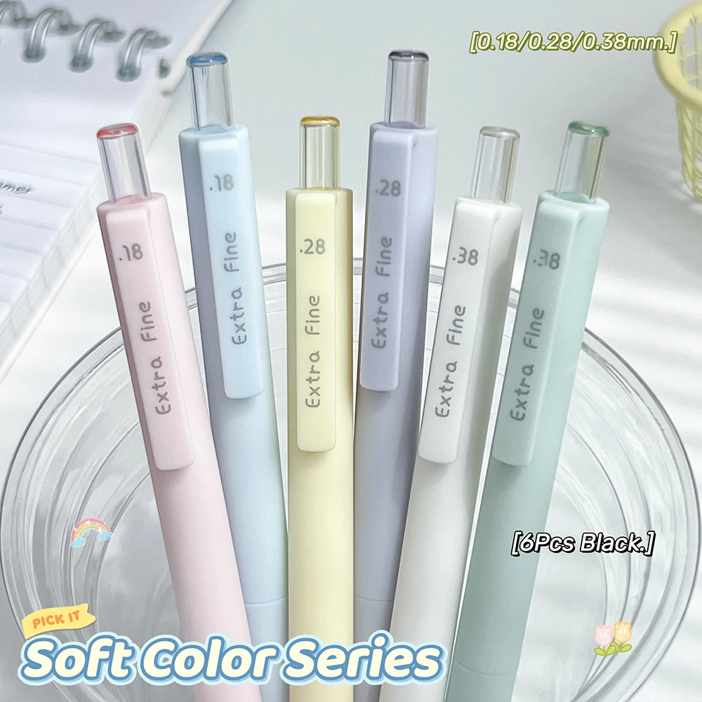 6Pcs Simple Style Gel Pen Set 0.18/0.28/0.38mm Fine Tip Quick-Dry Pen Creative Black Writing Pens Combo For Study and Office Use