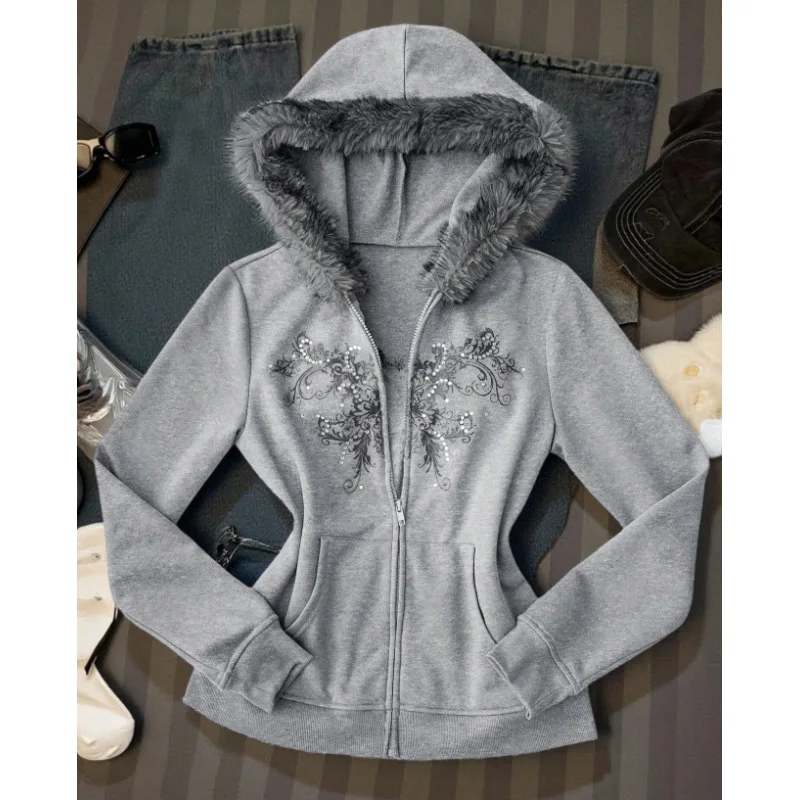 Hot rhinestone floral print design hooded coat, fur collar zipper slim Y2K Gothic fashion casual sweater coat.