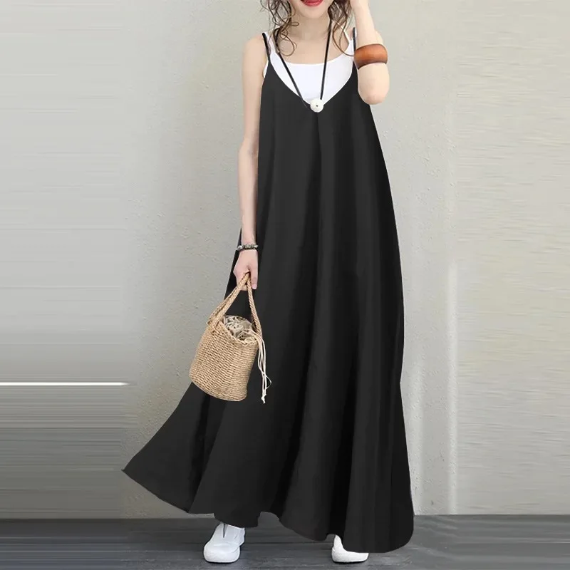 

2025 Ladies Casual Loose Solid Dress V-Neck Halter Sexy Long Dress Sleeveless Women's Party Dress