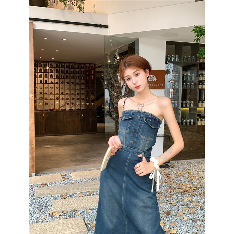 Women' Clothing Denim Bra Dress Spicy Girls Wear Thin Waistband Long Skirt Wrapped Around Waist Show Hip Temperament Denim Dress