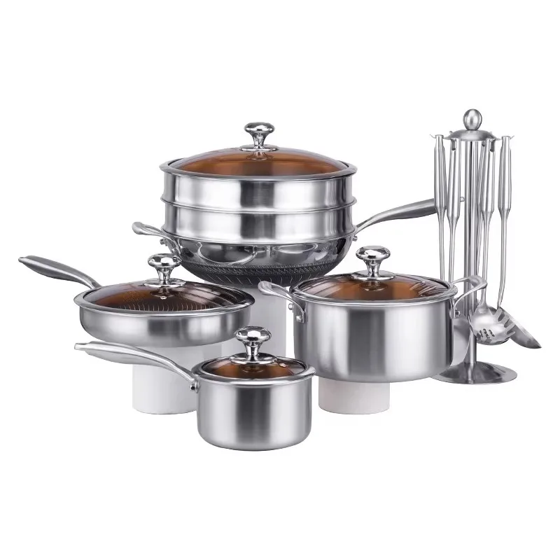 

16-Piece Non-stick Stainless Steel Cookware Set, with Double-layer Steamer Pot & Glass Lids