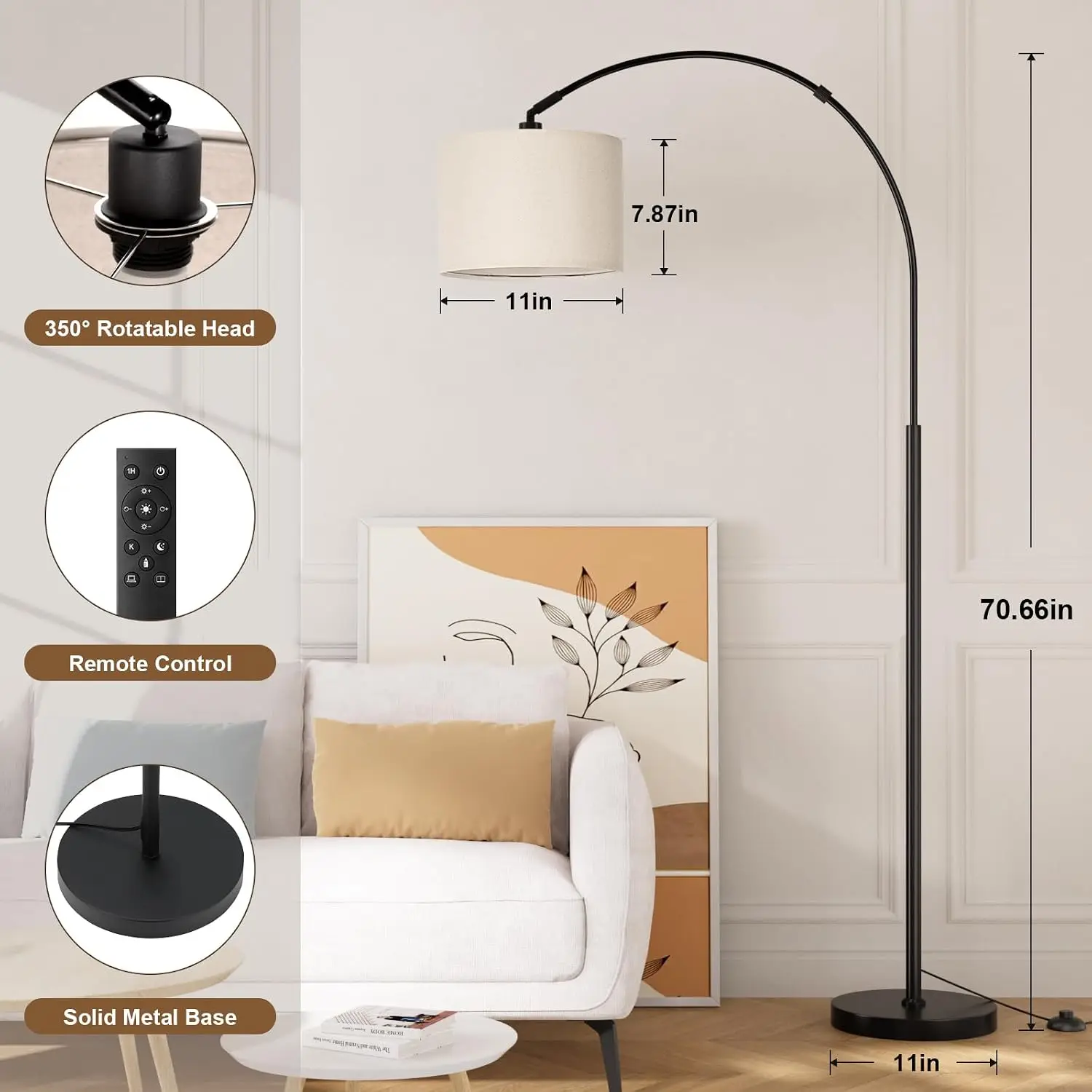 70‑Inch Remote‑Controlled Dimmable Arc‑Style Floor Lamp, Adjustable Color‑Temperature