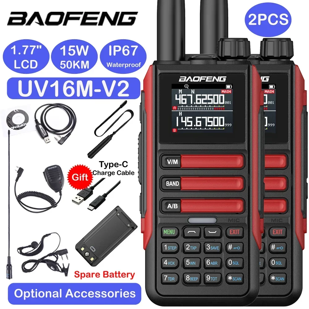 2025 2PCS Baofeng 15W Walkie Talkie Long Range 999CH Ham AM/FM Radios UHF VHF TypeC Charge NOAA Noise Reduction 2Way Radio UV16M