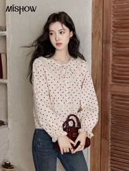 MISHOW Lace Up Polka Dot Round Neck Lace Shirt for Women Autumn 2024 Thin Sweets Shirt Elastic Petal Cuffs Chic Top MXD44X1667