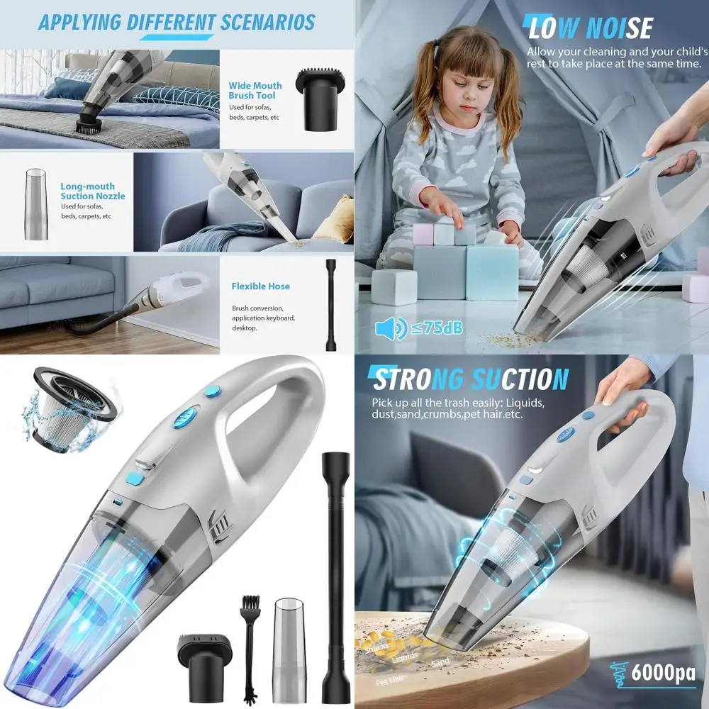 

Беспроводной ручной пылесос со светодиодами и аксессуарами — легкий, перезаряжаемый, идеально подходит для автомобилей, домашних животных, дома и офиса