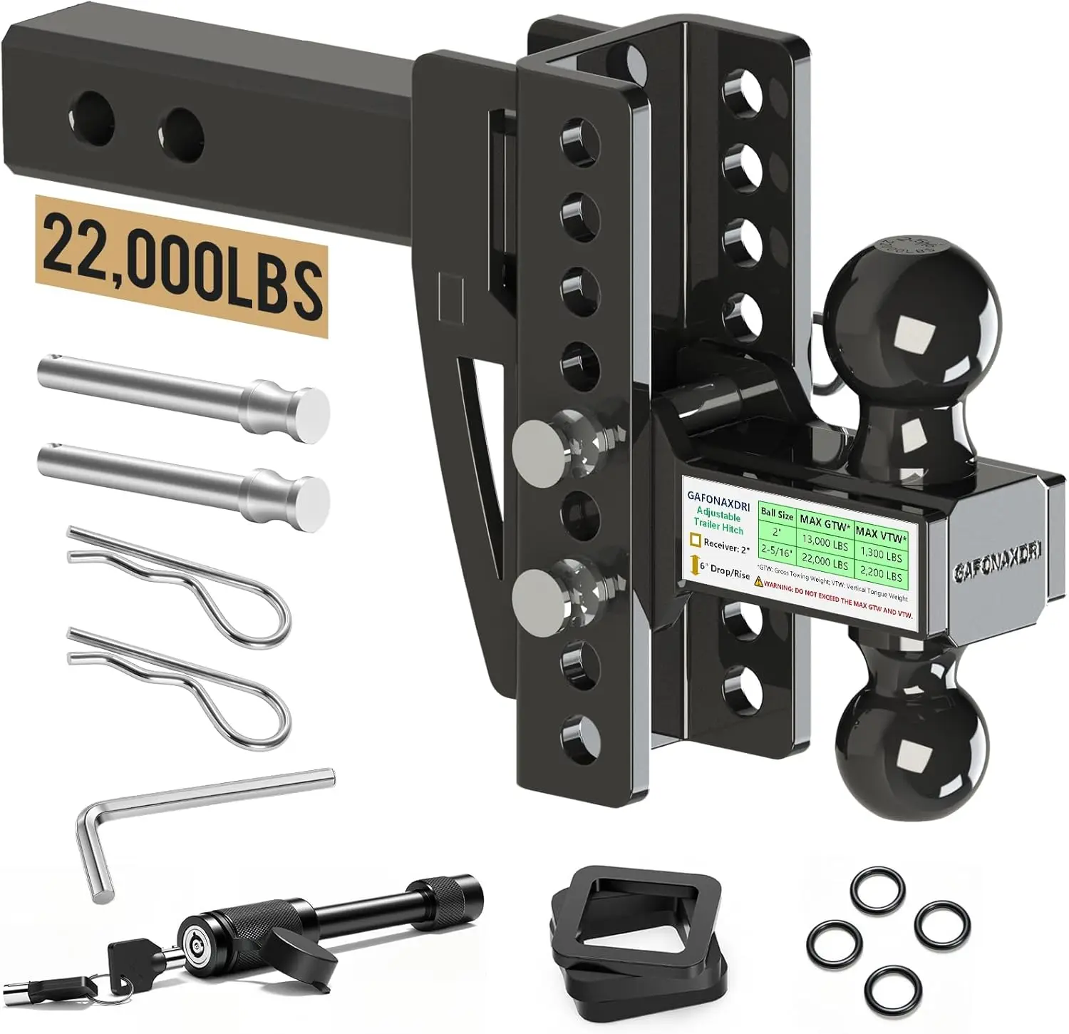

Adjustable Trailer Hitch for 2 Inch Receiver, Dual Ball 2'' & 2-5/16'', 22,000 LBS GTW, Anti-Rust