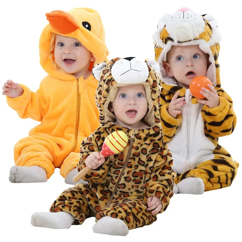 Winter Baby Rompers Baby Pijamas Duck Tiger Leopard Animal Cartoon Hooded Jumpsuits  Costume Boys Girl Pajama