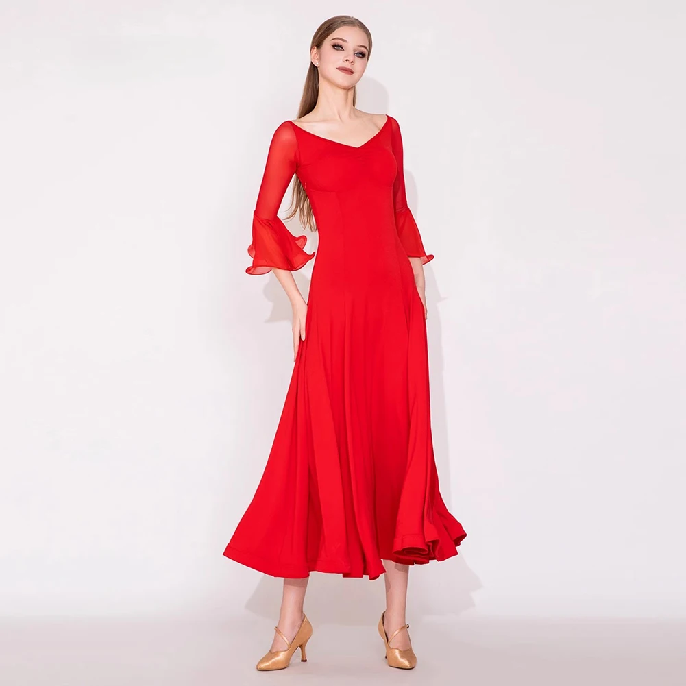

Ballroom Dance Standard Dress Red Performance Dress New Women's Slim Fit Lotus Leaf Sleeve V-neck Black Practice Clothes