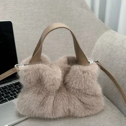 Women Faux Fur Shoulder Bag  with PU Strap Lady Ruched Plush Handbags Armpit Casual Square Crossbody Winter