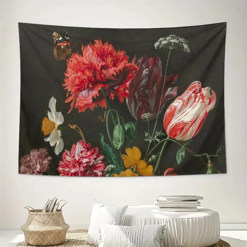 Dramatic Large Dark Floral Tapestry Canvas Art Boho Botanical Peony Bouquet Gothic Style Wall Hanging Home Decor Prints