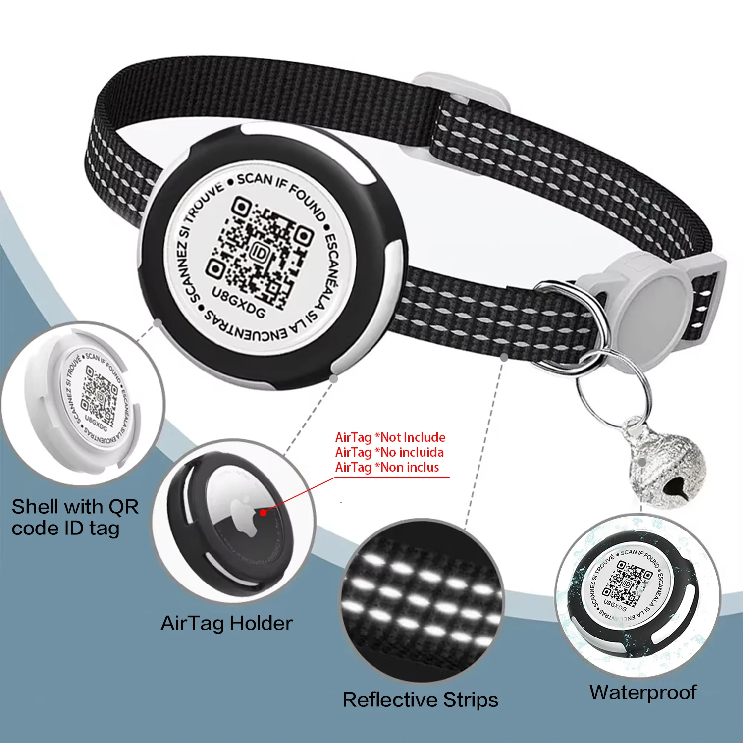 Cat Collar with AirTag Case & QR ID Tag Dual Protection Reflective Kitten Collar for Cats Gatos Apple Airtag GPS Accessories