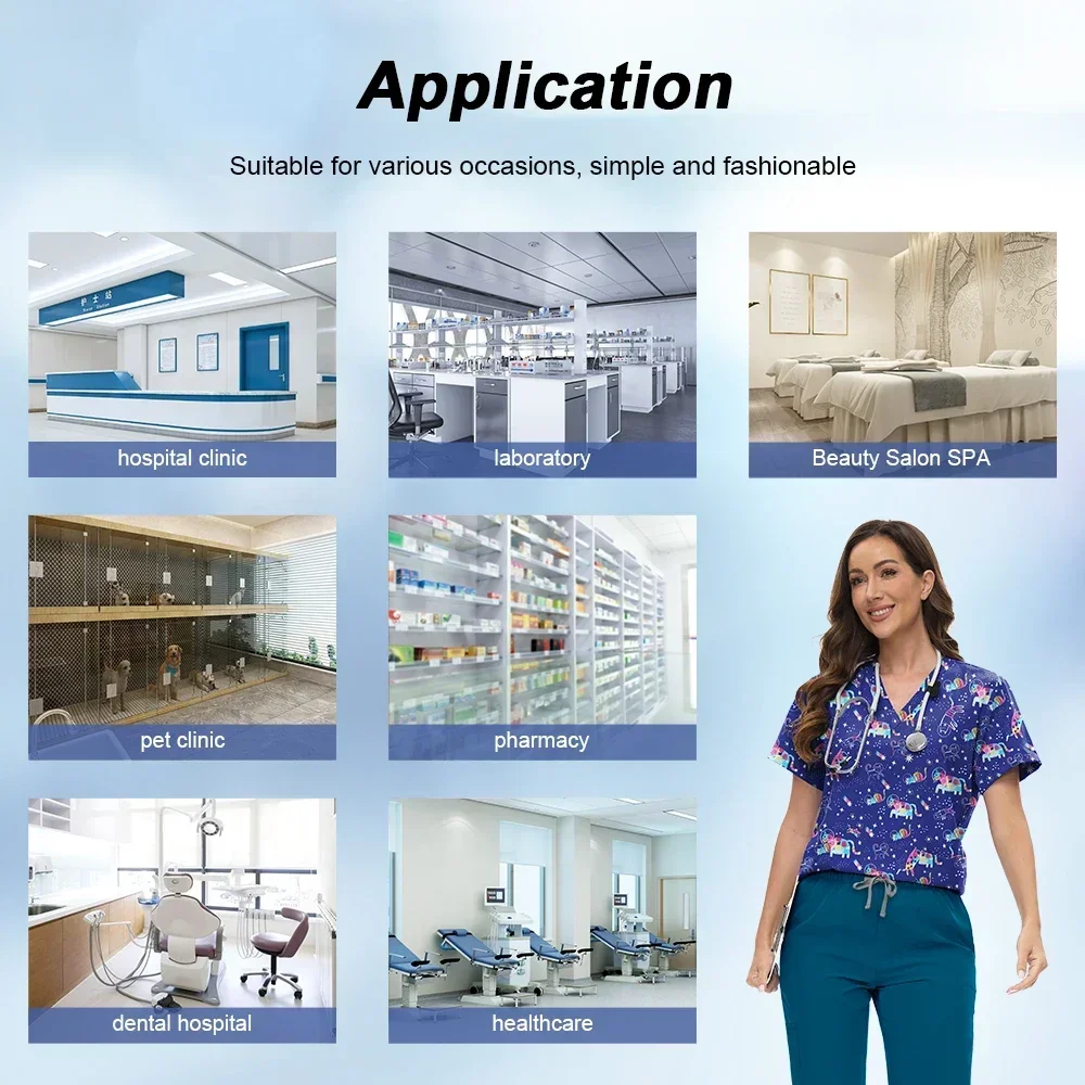 Atacado impresso esfrega uniforme conjunto com decote em v mangas curtas bolsos topo médico macio esfrega calças define enfermeira uniformes cirúrgicos mulher