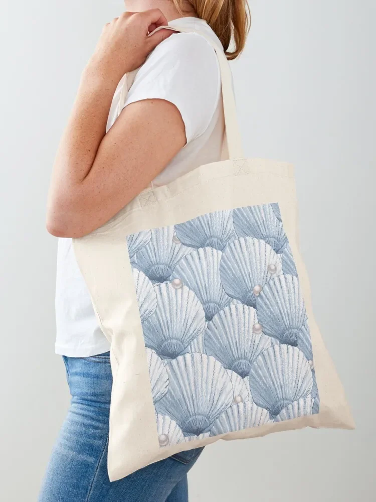 Seashells Pearl Treasure - Country Blue + Pearl Gray Tote Bag cloth bag woman canvas shopping bag Gift large size bags