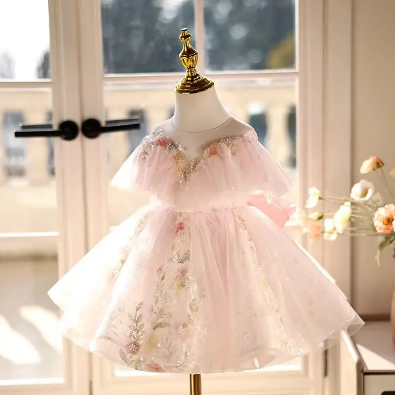 فستان Dreamy Vow J472 أنيق وردي للفتيات الصغيرات مع فيونكة للأطفال 1st لحفلات الزفاف وأعياد الميلاد وحفلات العطلات بطول الركبة #4