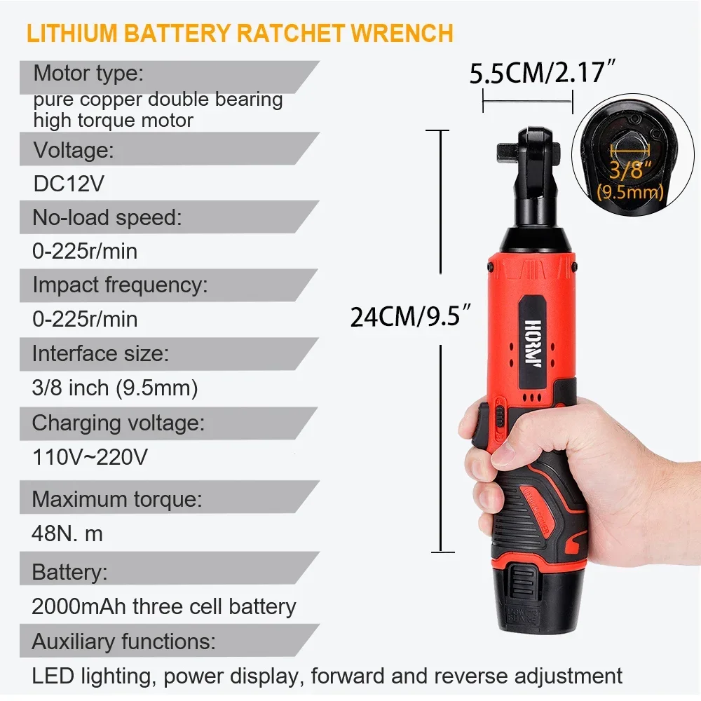 48N.m Cordless Electric Wrench 12V Rechargeable 3/8 Ratchet Wrench Angle Drill Screwdriver to Removal Screw Nut Car Repair Tool