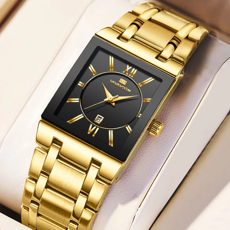 Rectangular Cross-Border Fine Steel Men's Steel Strap Watch Gold Business Calendar Quartz Waterproof Watch Wholesale