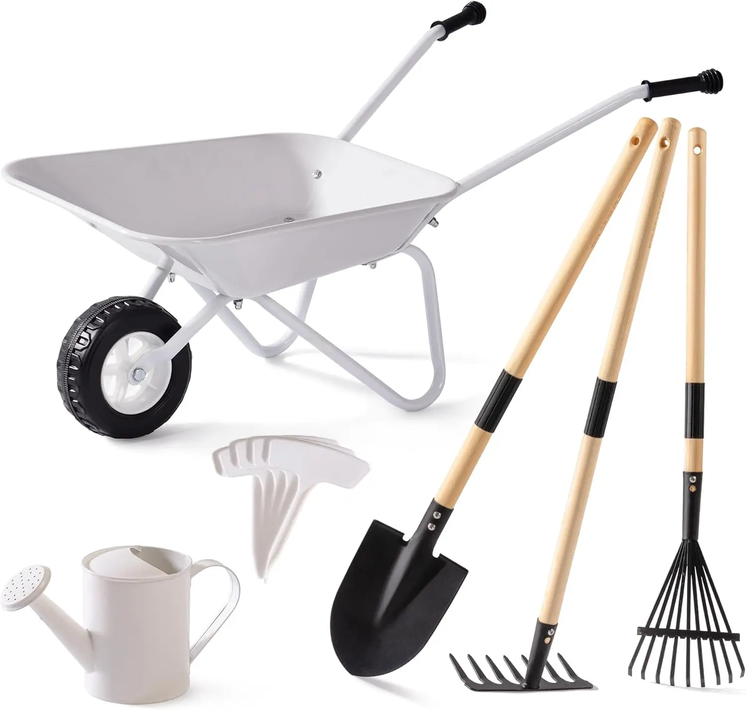 

Kids Gardening Wheelbarrow Toy with Tools, Watering Can & Labels for Outdoor Pretend Play - Grayish White