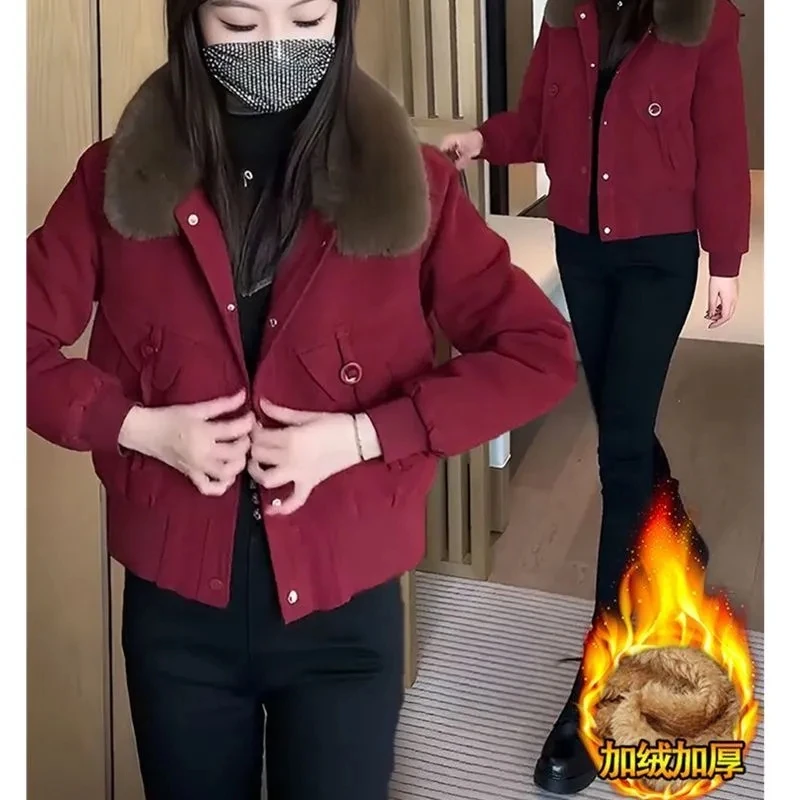 

Parkas Woman Womens Winter Filling Spliced Unique Loose-Fit Silky Splice Fashion Japanese Style Pullover Solid Fur-Collar Trendy