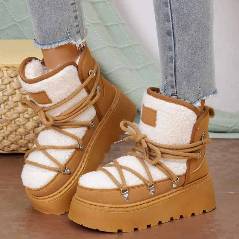 2025 Winter New Thick-soled Cross-tie Snow Boots Thickened Mid-length Warm Women's Lace Up Design Soft Warm Plush Ankle Boots